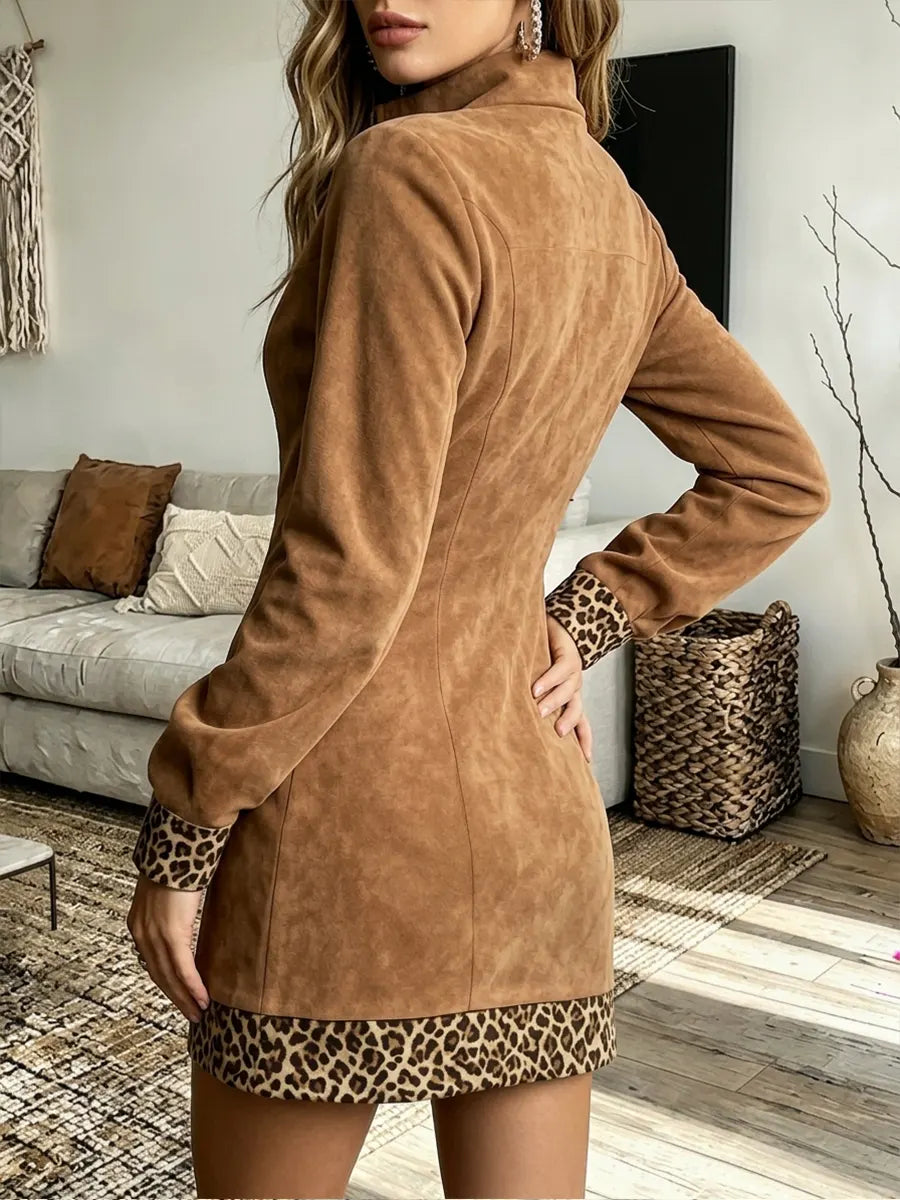 Vintage Elegant Suede Patchwork Leopard Dress