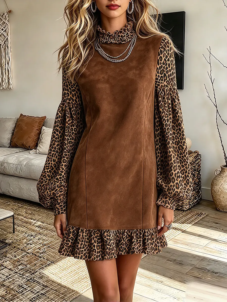 Vintage Elegant Suede Patchwork Leopard Dress