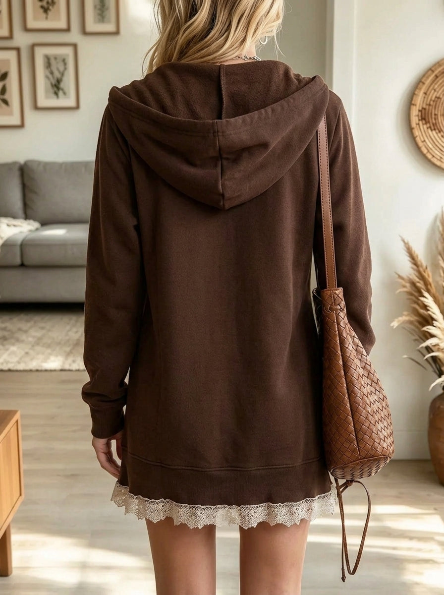 Women's Lace Trim Hooded Button-Down Sweatshirt Dress