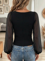 Women's Square Neck Sheer Organza Sleeve Button Top