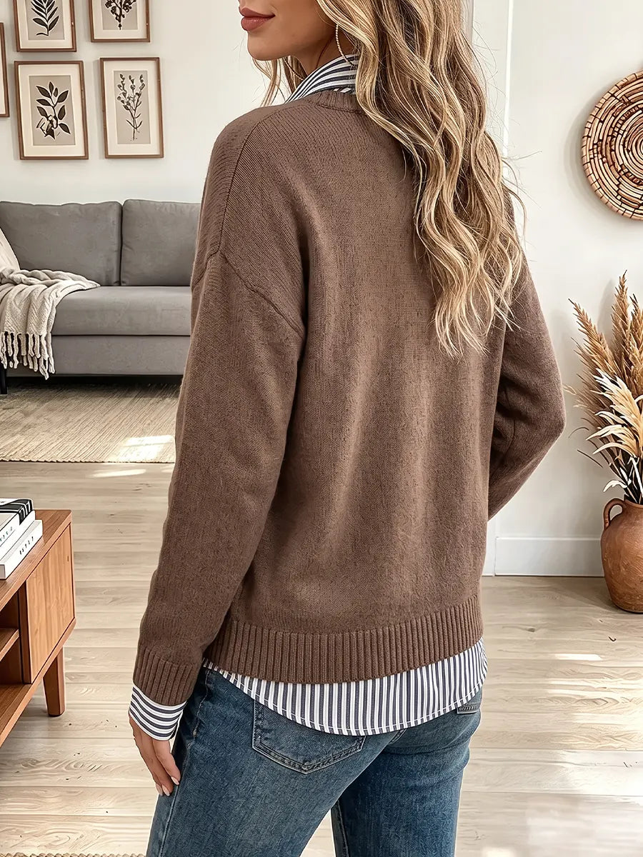 Vintage Elegant Pullover Knit Fabric Patchwork Stripes Sweater