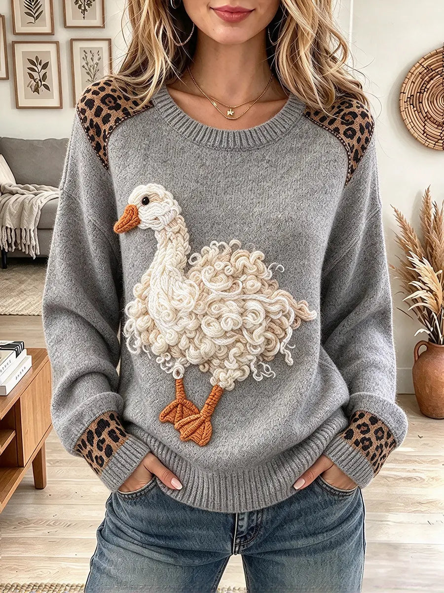 Women's Cute Duck With Leopard Print Sweater