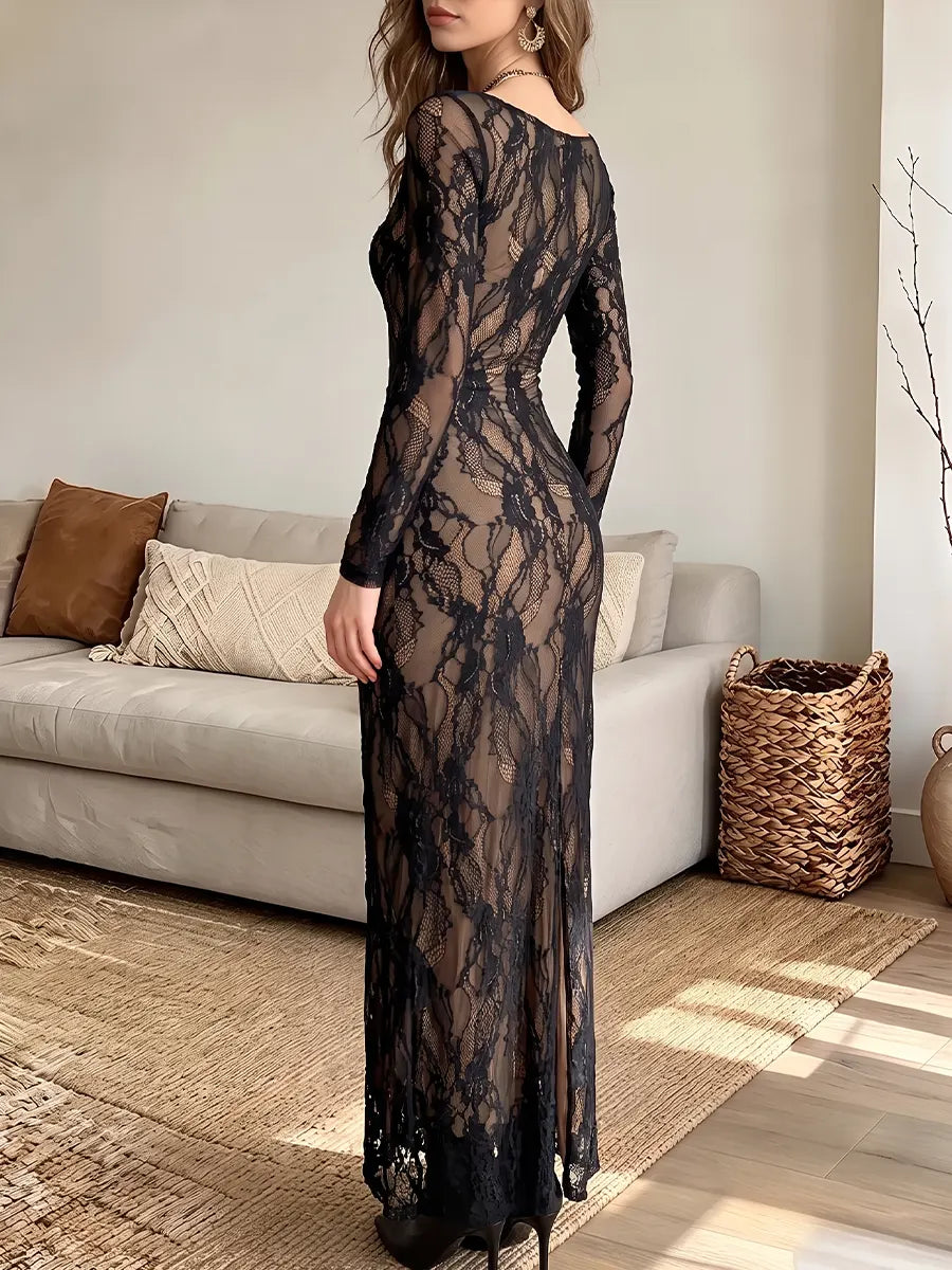 Vintage Elegant Cut-out Lace Square-neck Dress