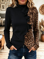 Women Mock Neck Asymmetrical Leopard Ruffle Patchwork Fitted Top