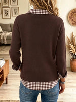 Women's Gingham Layered Collar Ribbed Knit Sweater