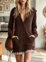 Women's Lace Trim Hooded Button-Down Sweatshirt Dress