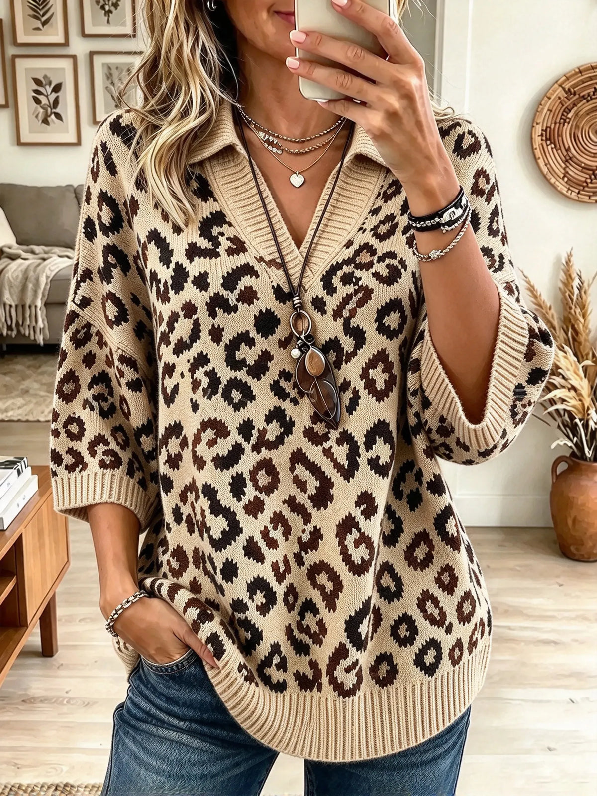 Women's Leopard Print Notch Neck Polo Sweater