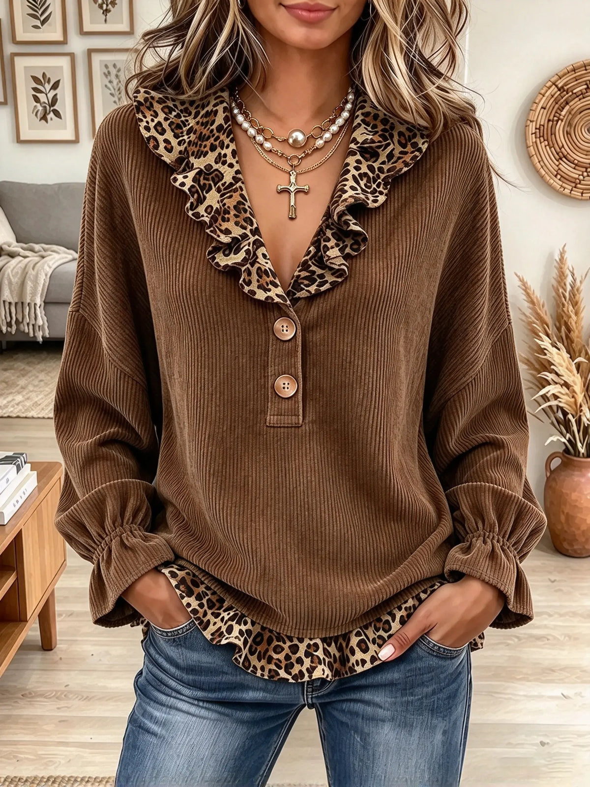 Women's Leopard Ruffle Trim Button Corduroy Top