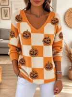 Halloween Pumpkin Pattern Art Casual Stylish Long Sleeve Knit Sweater