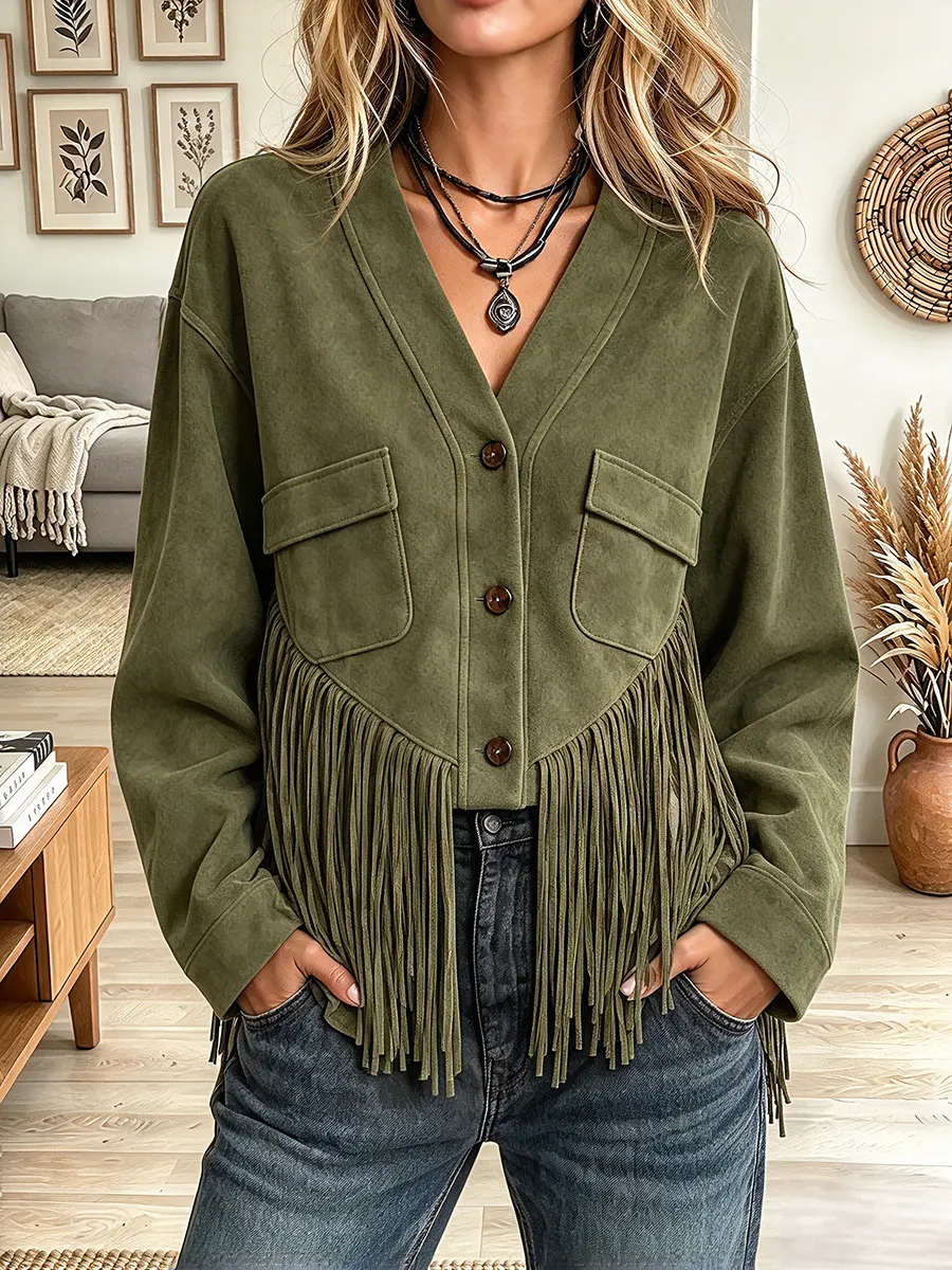 Vintage Elegant Suede Patchwork Tassel Button Shirt